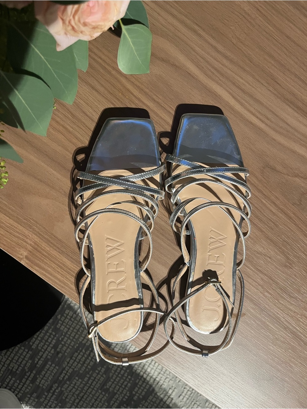 J. Crew Metallic Silver Strappy Square-Toe Flat Sandals